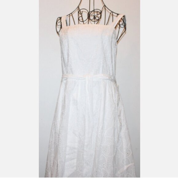 White Eyelet Cotton Dress Sz 14 NWT Calypso Lined Back Zip Sash at Waist - Picture 2 of 8